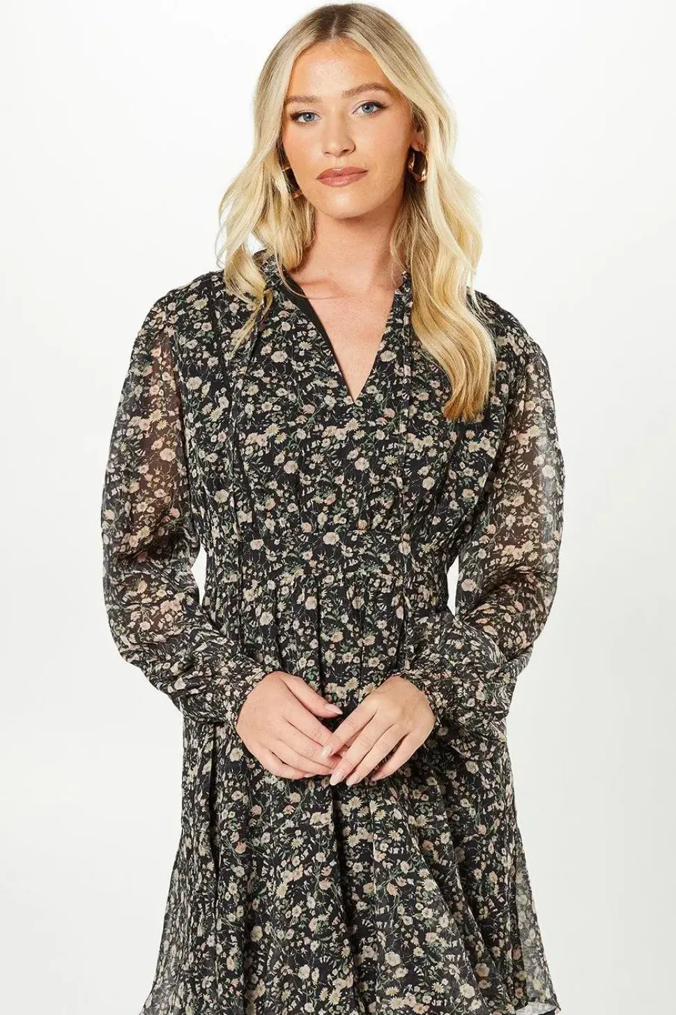 Ivory Floral Chiffon Lace Insert Long Sleeve Mini Dress