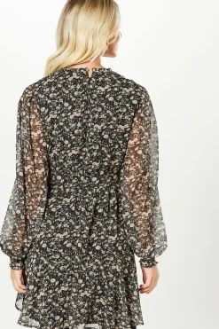 Ivory Floral Chiffon Lace Insert Long Sleeve Mini Dress