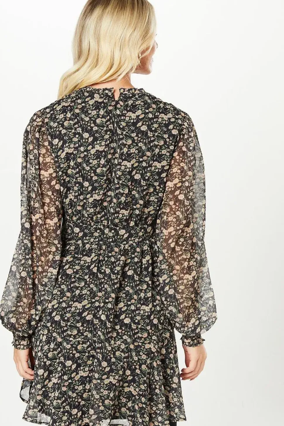 Ivory Floral Chiffon Lace Insert Long Sleeve Mini Dress
