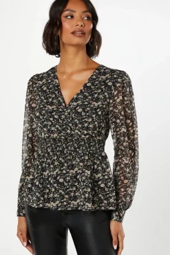 Ivory Floral Chiffon Wrap Shrired Waist Long Sleeve Blouse