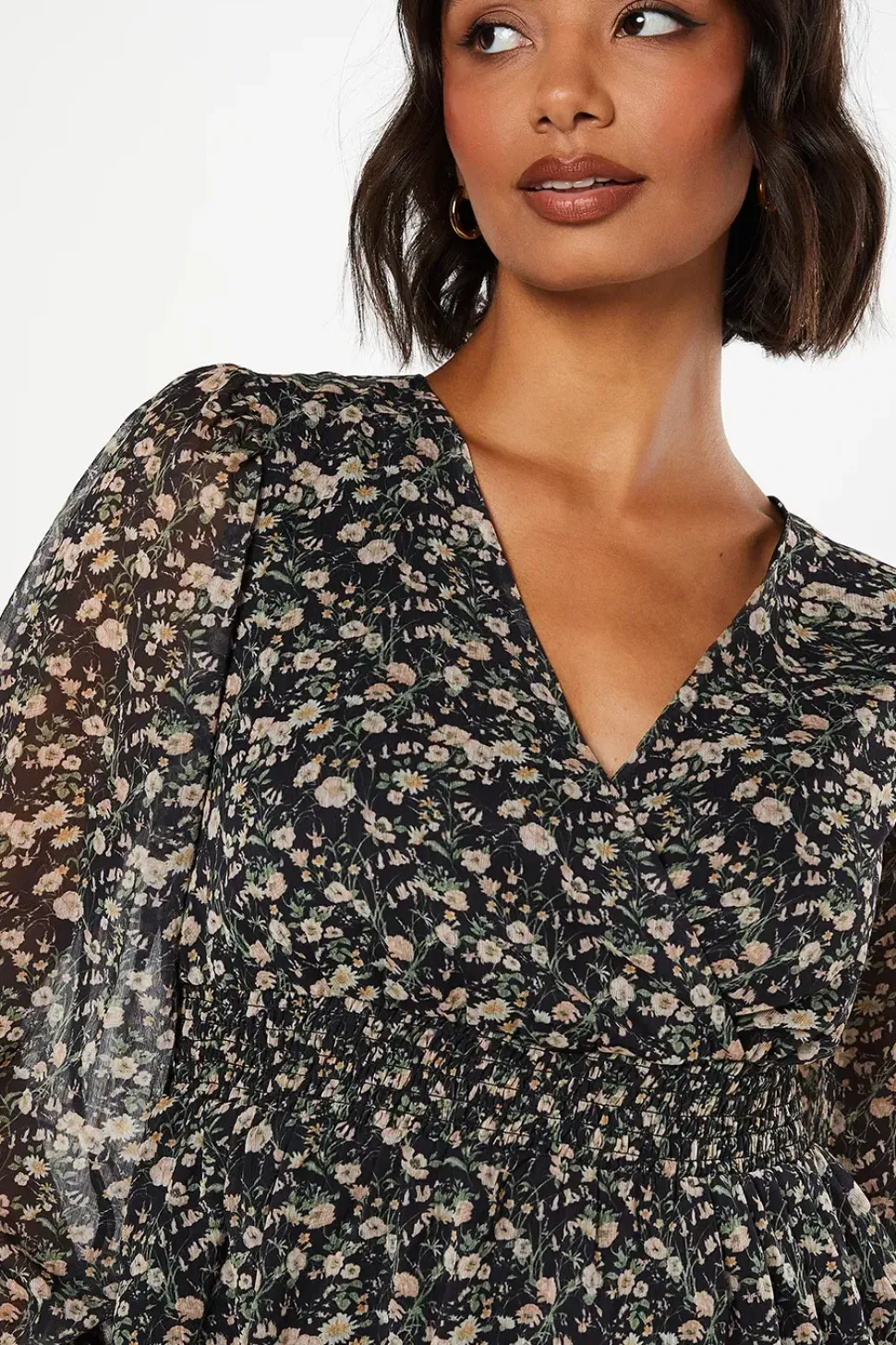 Ivory Floral Chiffon Wrap Shrired Waist Long Sleeve Blouse