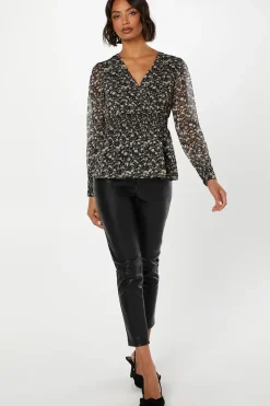 Ivory Floral Chiffon Wrap Shrired Waist Long Sleeve Blouse