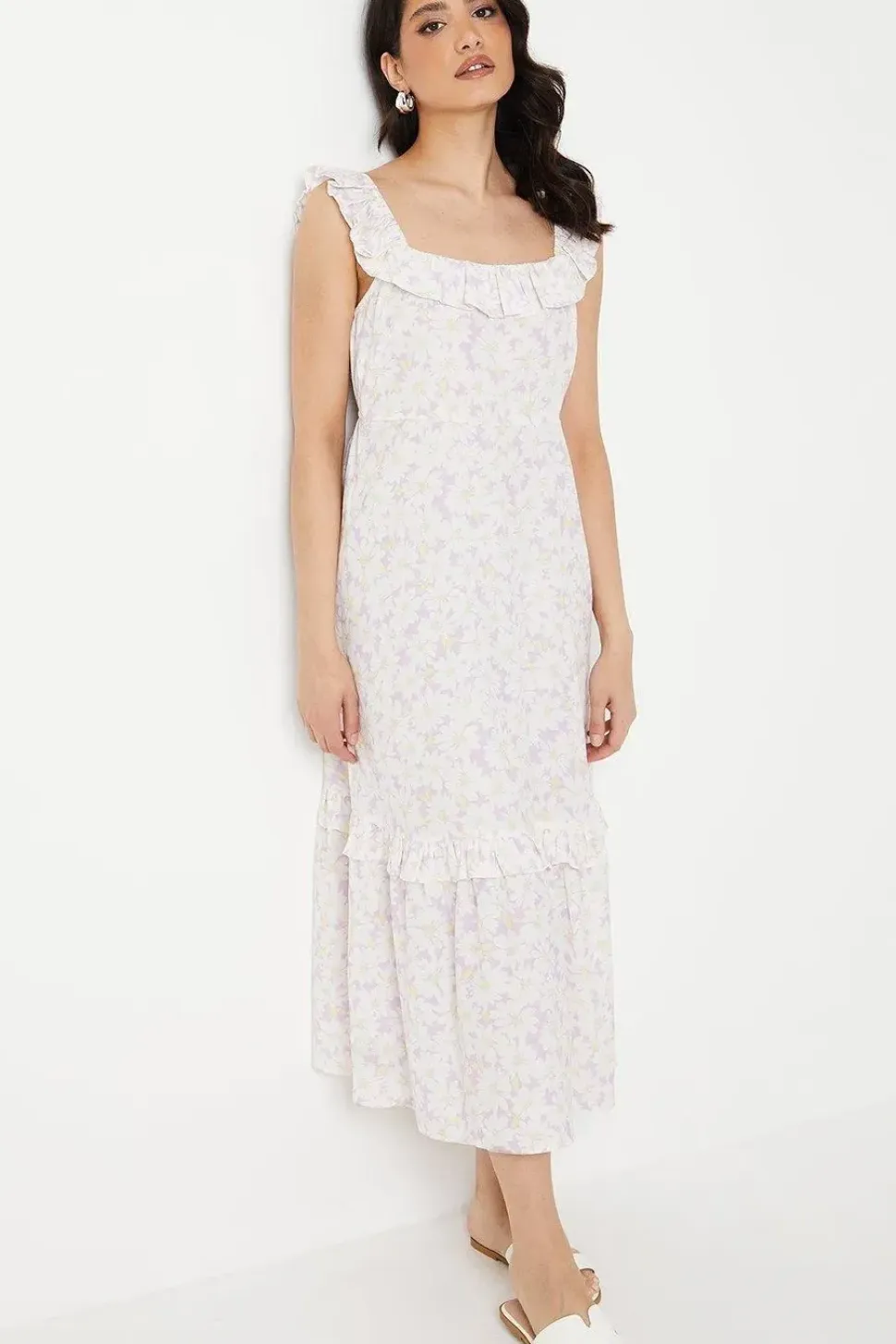 Ivory Floral Frill Neck Detail Tiered Midi Dress