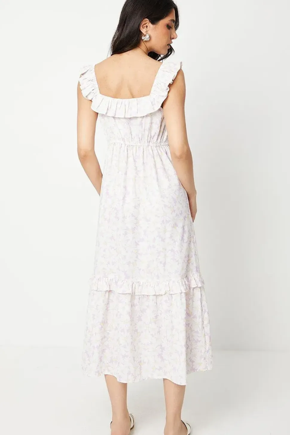 Ivory Floral Frill Neck Detail Tiered Midi Dress