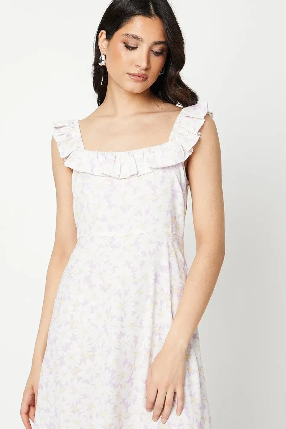 Ivory Floral Frill Neck Detail Tiered Midi Dress