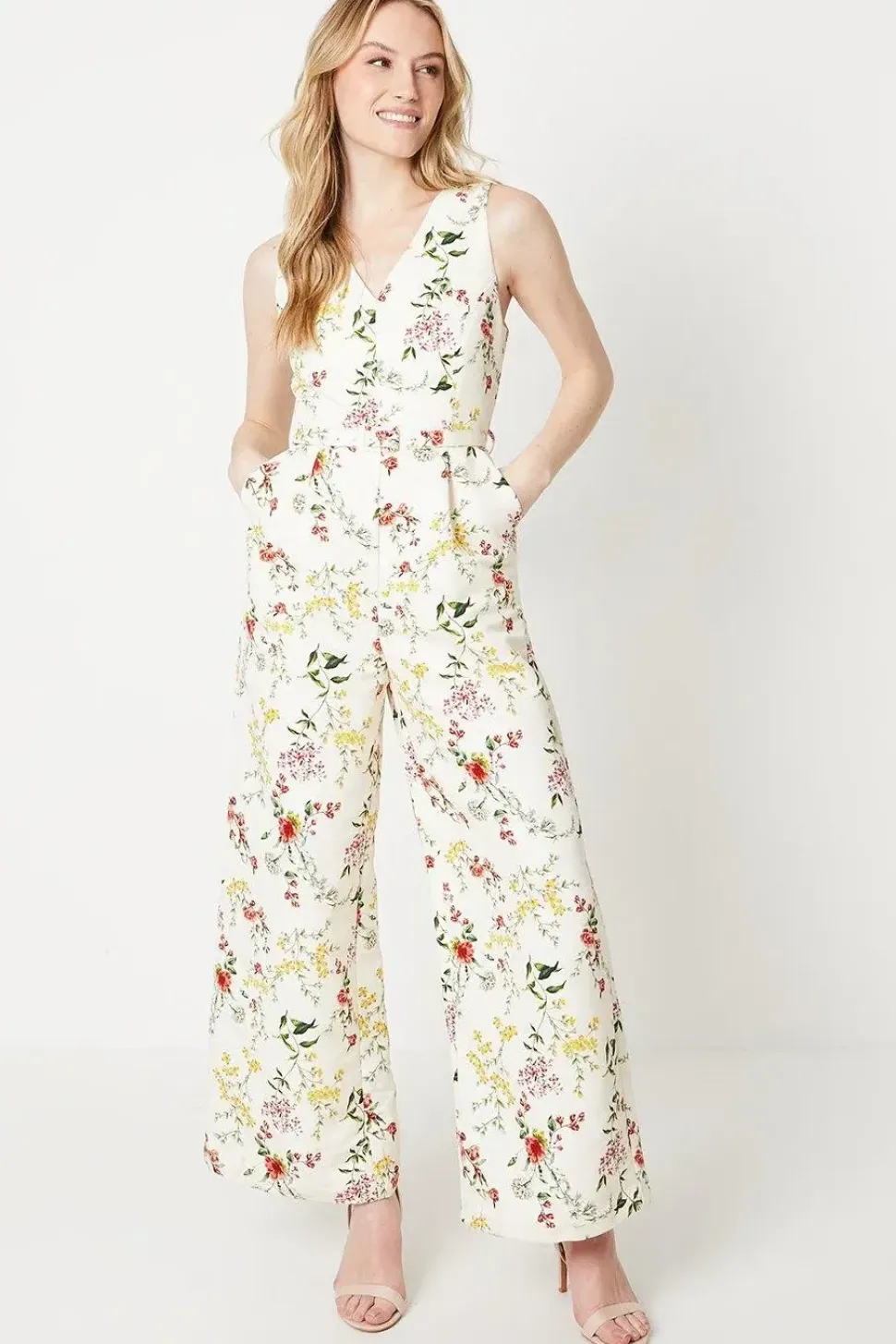 Ivory Floral Ottoman Twill Belted Wide Leg Jumpsuit
