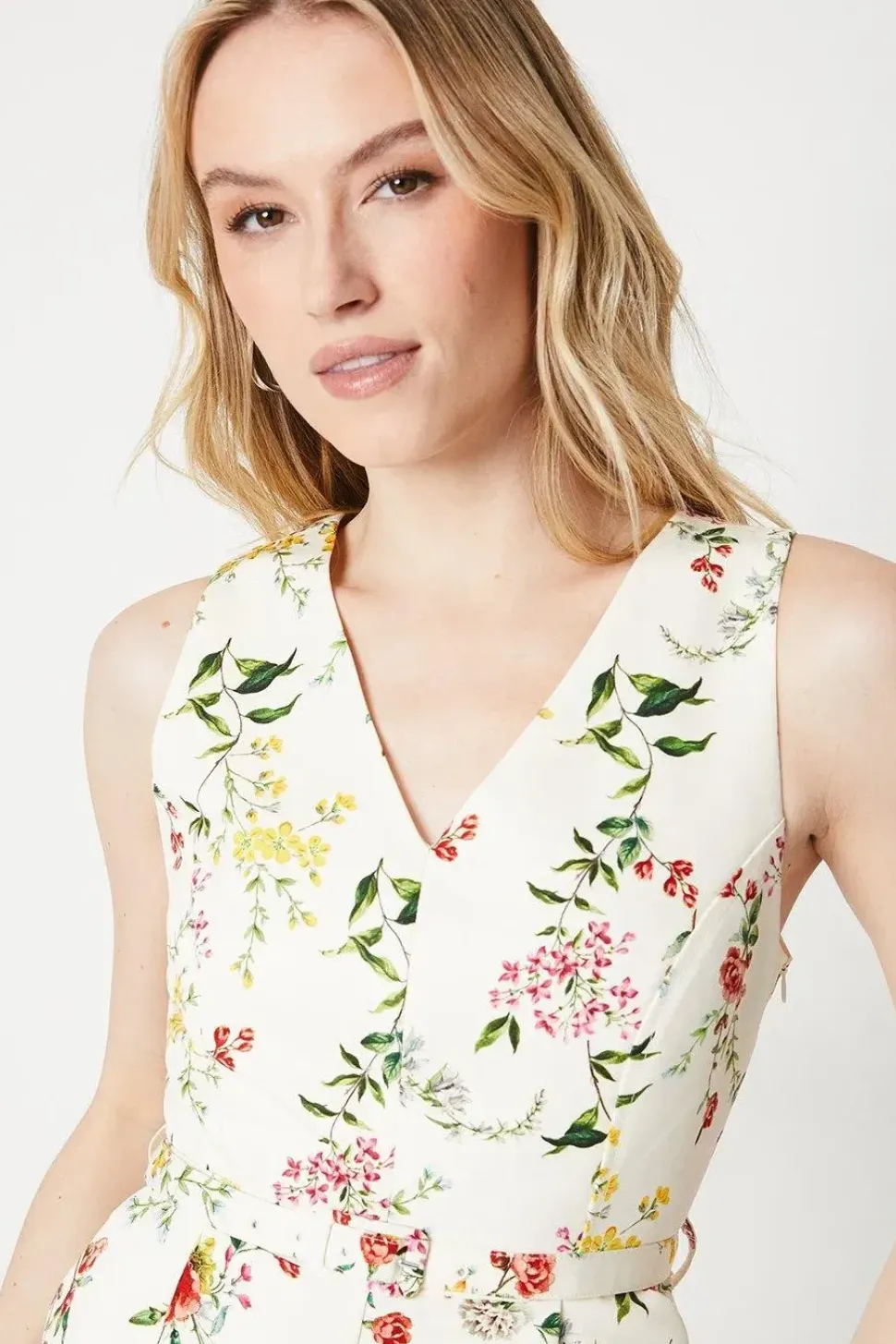 Ivory Floral Ottoman Twill Belted Wide Leg Jumpsuit