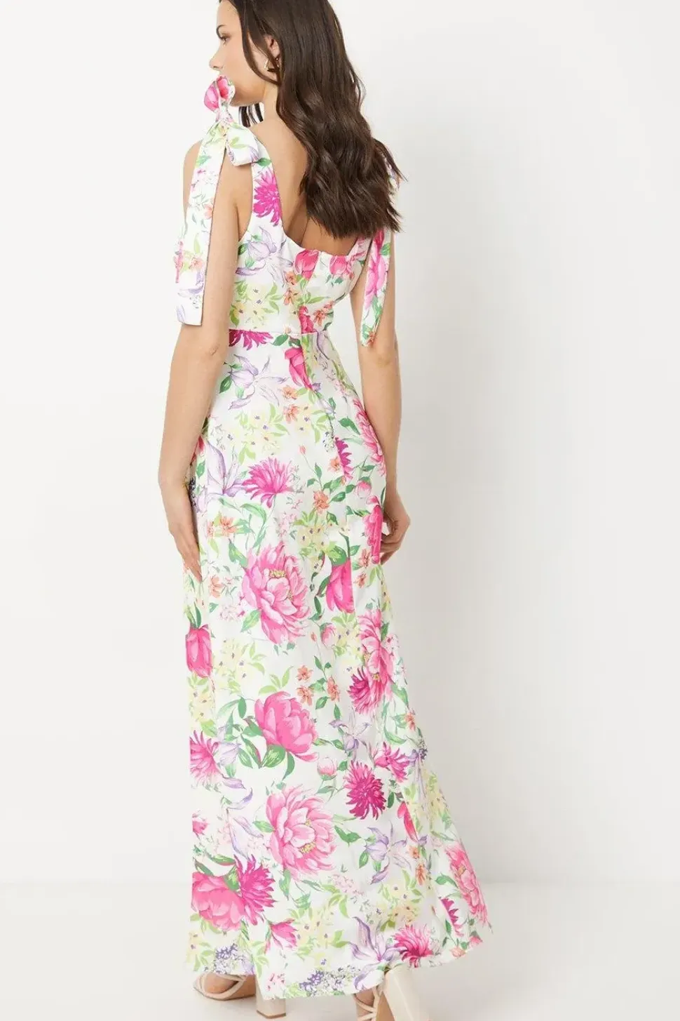 Ivory Floral Printed Satin Tie Shoulder Maxi Dress