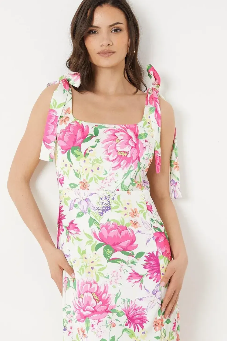 Ivory Floral Printed Satin Tie Shoulder Maxi Dress