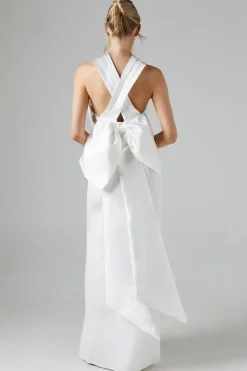 Ivory Twill Cross Over Front Bow Back Bridal Maxi Dress