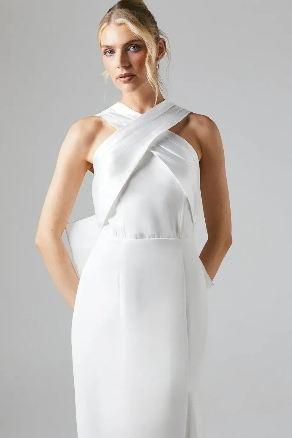 Ivory Twill Cross Over Front Bow Back Bridal Maxi Dress