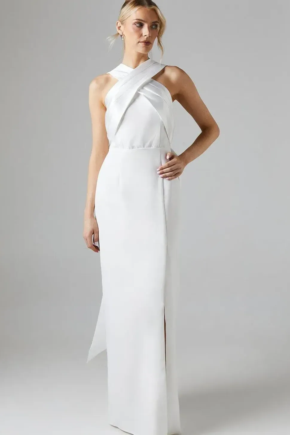 Ivory Twill Cross Over Front Bow Back Bridal Maxi Dress