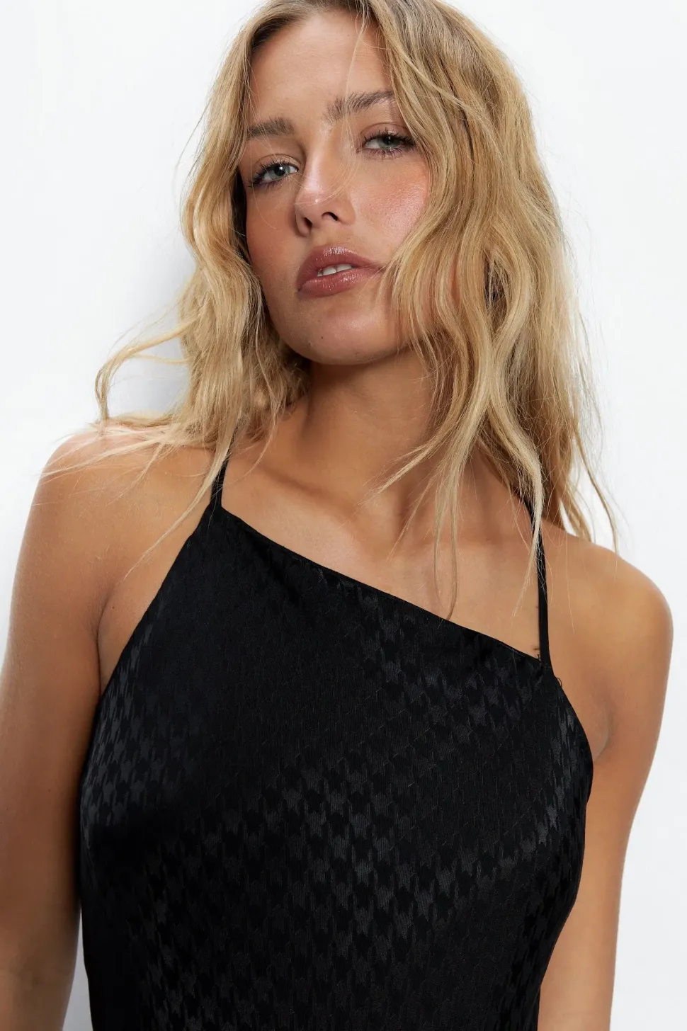 Jacquard Asymmetric Midi Slip Dress