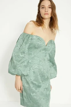Jacquard Bardot Puff Sleeve Mini Dress