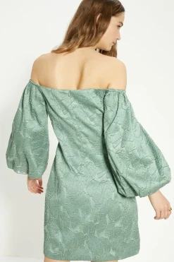 Jacquard Bardot Puff Sleeve Mini Dress