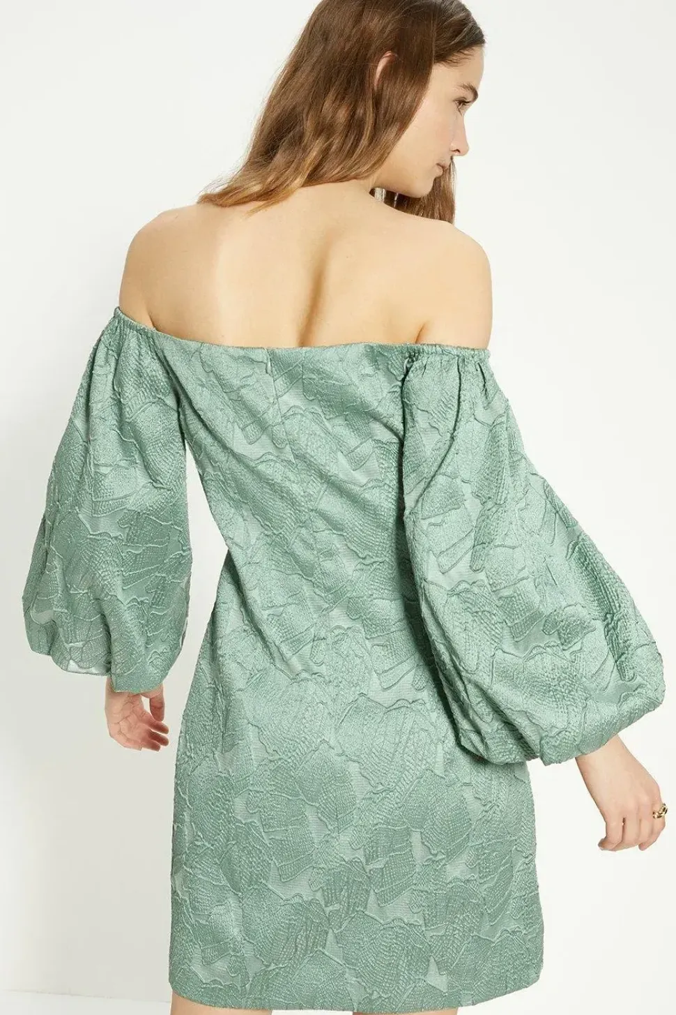 Jacquard Bardot Puff Sleeve Mini Dress