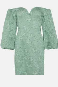 Jacquard Bardot Puff Sleeve Mini Dress