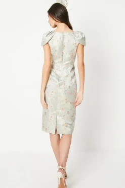 Jacquard Cape Sleeve Pleated Pencil Dress