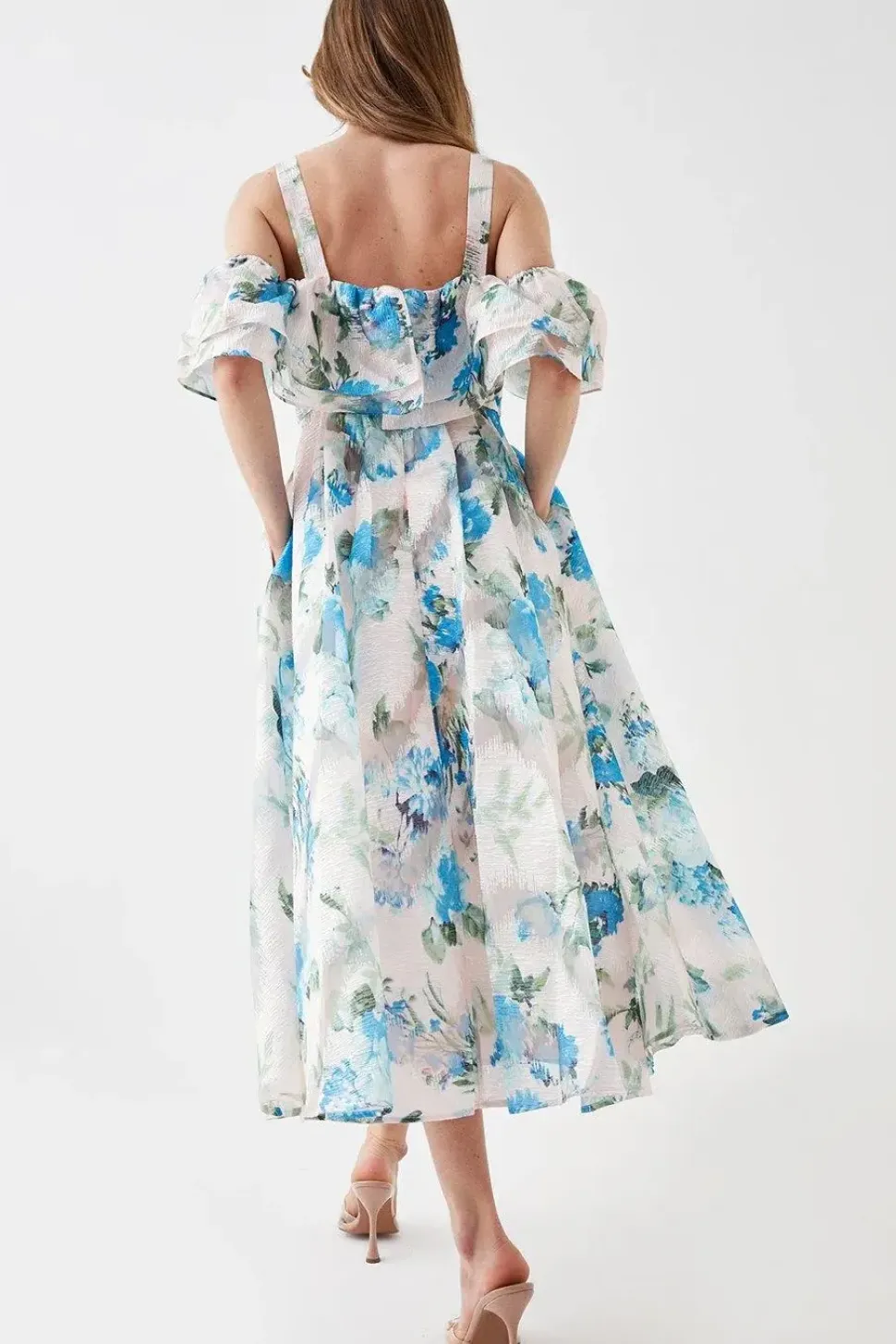 Jacquard Frill Bardot Midi Dress