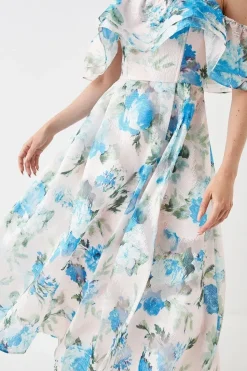 Jacquard Frill Bardot Midi Dress