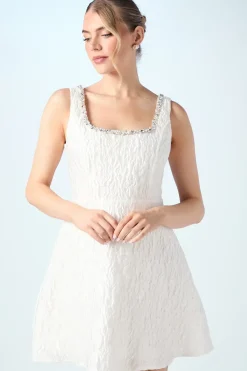Jacquard Full Skirted Mini Dress With Jewel Trim