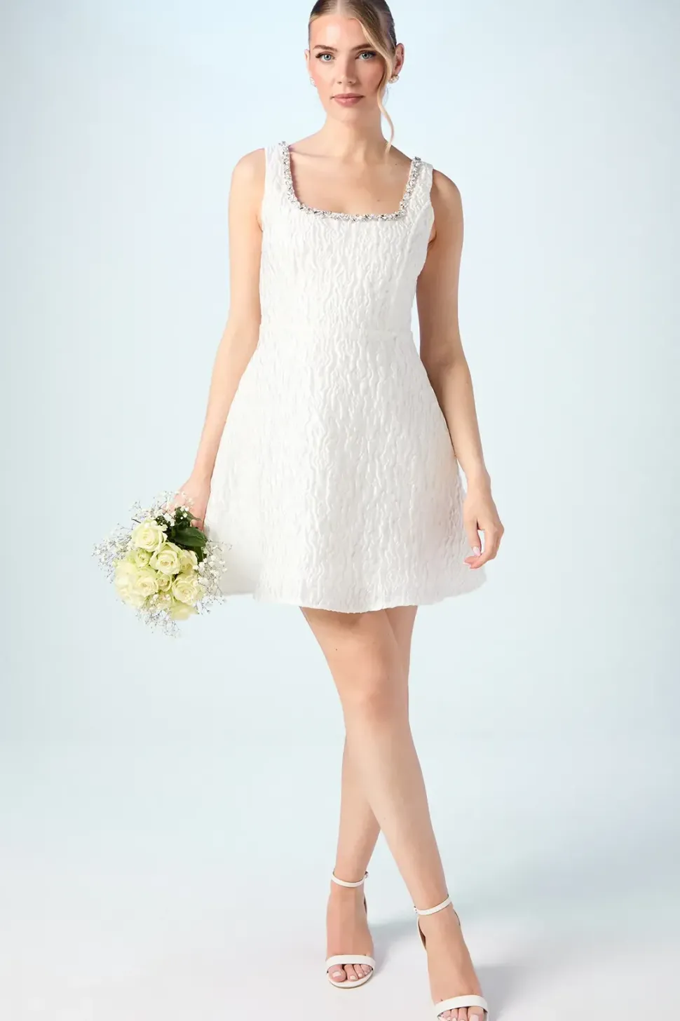 Jacquard Full Skirted Mini Dress With Jewel Trim