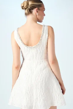 Jacquard Full Skirted Mini Dress With Jewel Trim