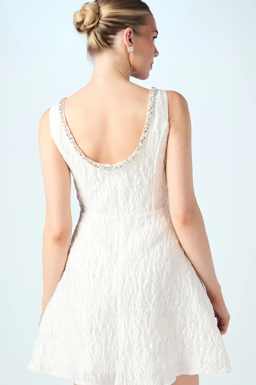 Jacquard Full Skirted Mini Dress With Jewel Trim
