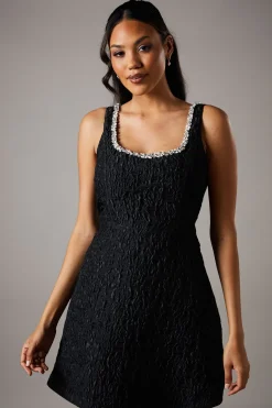 Jacquard Full Skirted Mini Dress With Jewel Trim