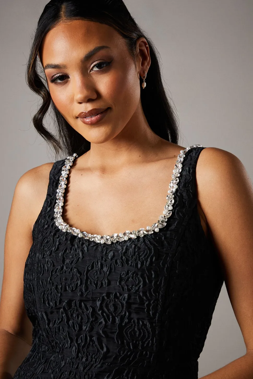 Jacquard Full Skirted Mini Dress With Jewel Trim