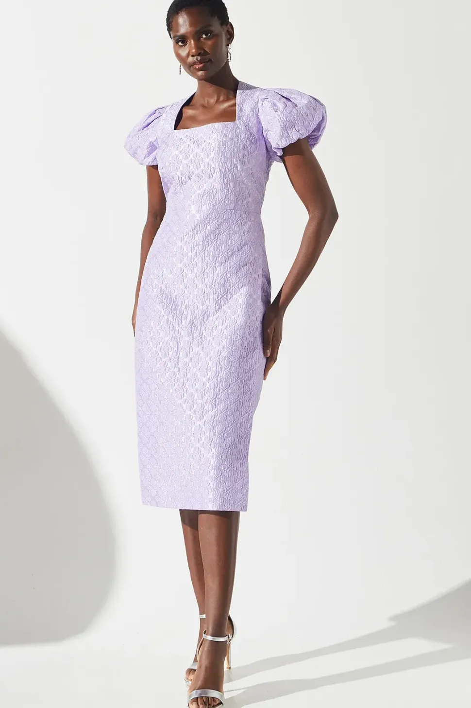 Jacquard Puff Sleeve Fitted Midi Dress