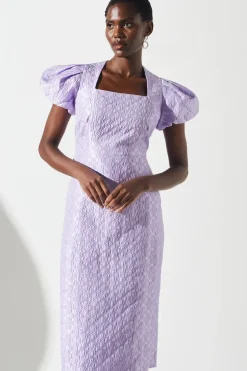 Jacquard Puff Sleeve Fitted Midi Dress