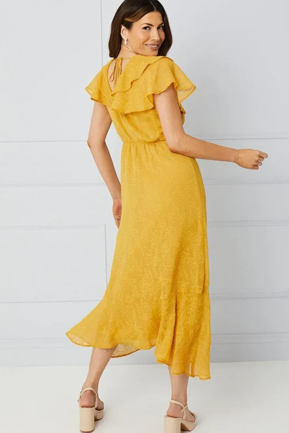 Jacquard Ruffle Detail Hanky Hem Maxi Dress