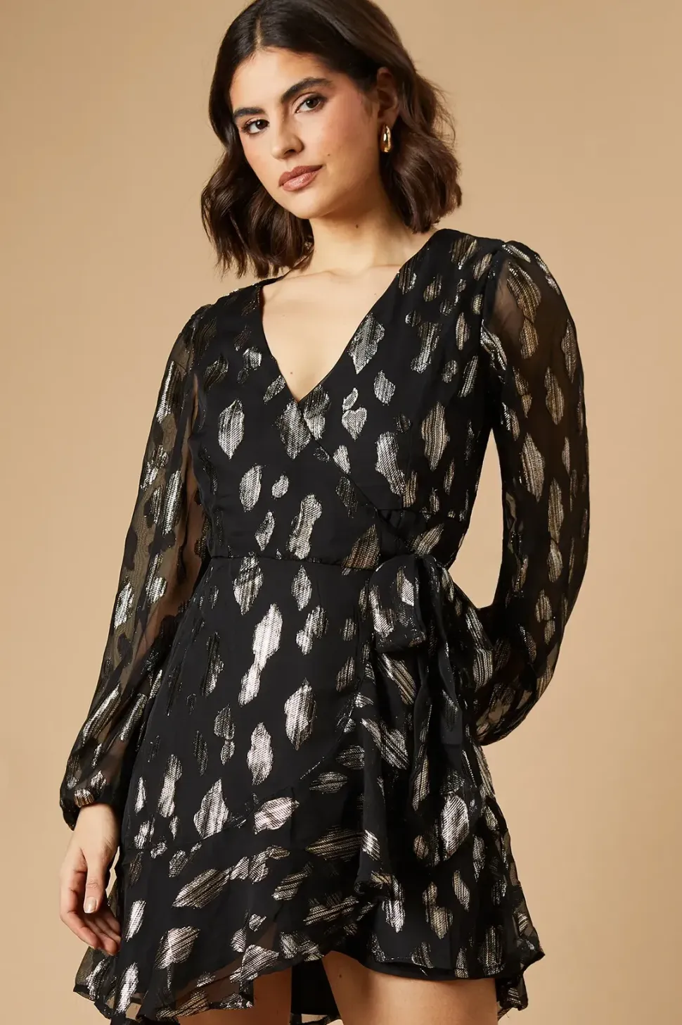 Jacquard Ruffle Long Sleeve Mini Dress