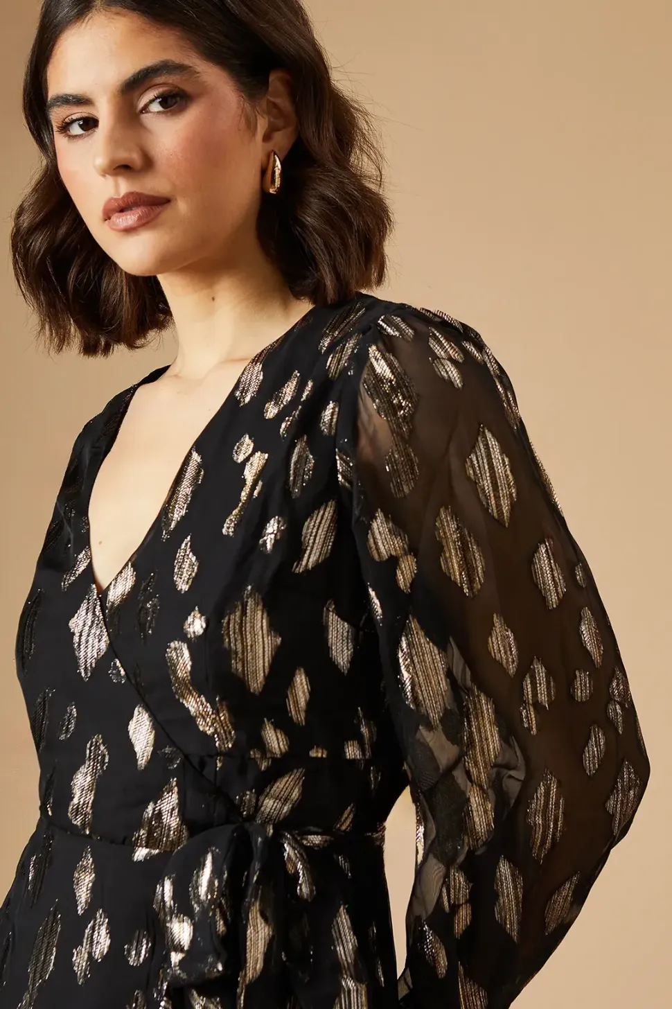Jacquard Ruffle Long Sleeve Mini Dress