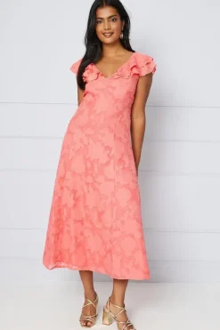 Jacquard Ruffle Sleeve Midi Dress