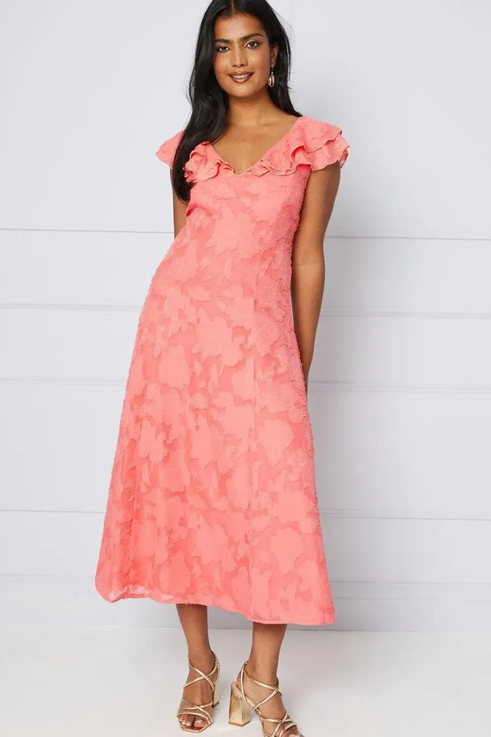 Jacquard Ruffle Sleeve Midi Dress