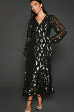 Jacquard Ruffle Wrap Long Sleeve Midi Dress