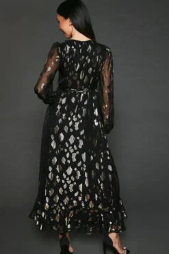 Jacquard Ruffle Wrap Long Sleeve Midi Dress