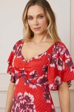 Jacquard Spot Floral Ruffle Sleeve Midi Dress