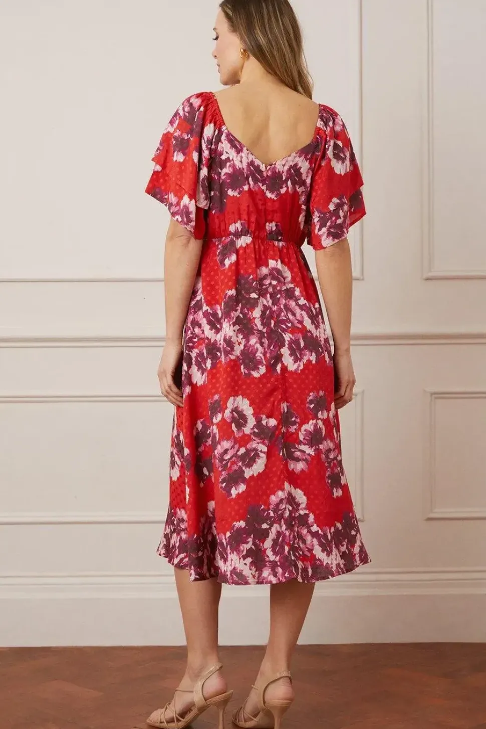 Jacquard Spot Floral Ruffle Sleeve Midi Dress