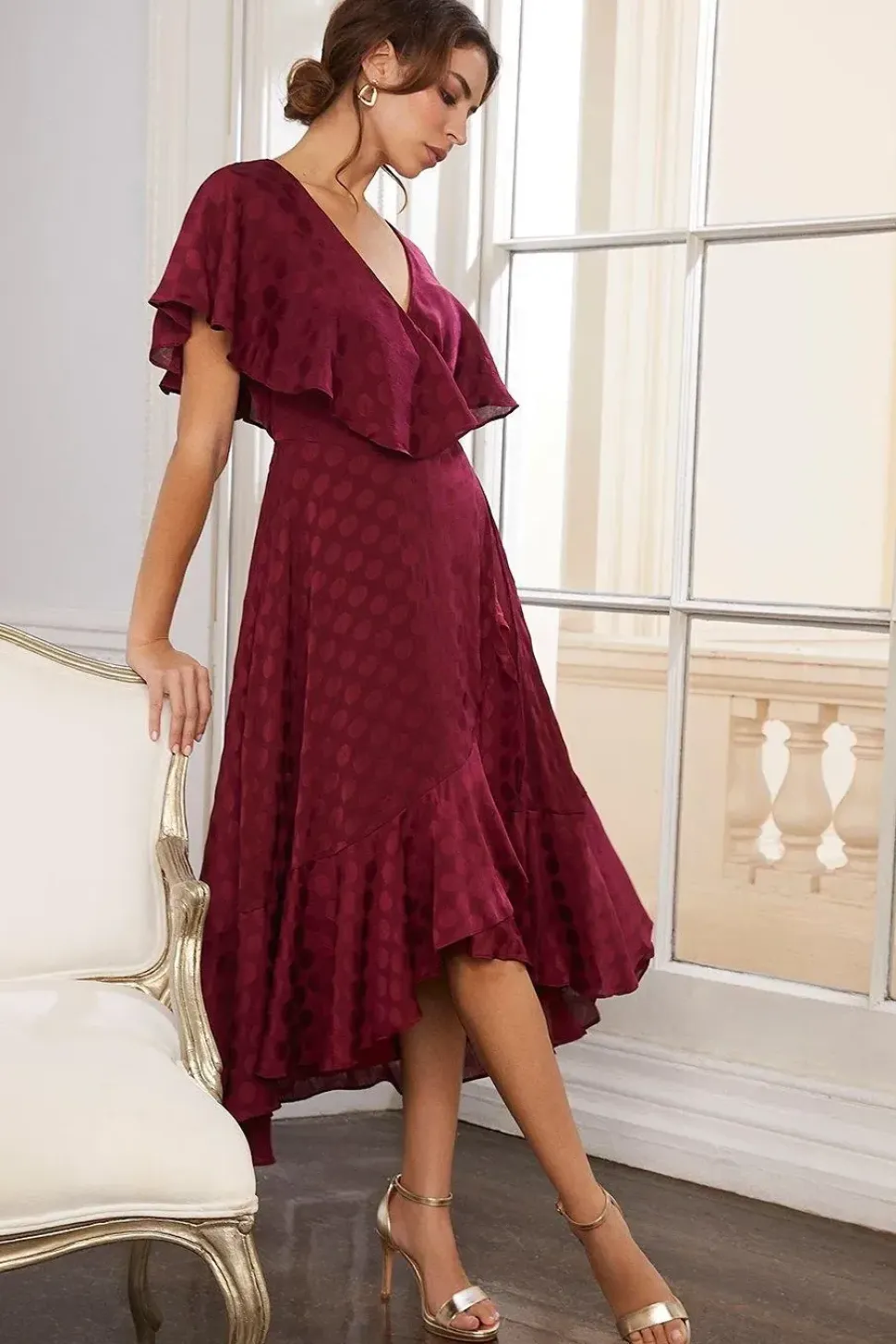 Jacquard Spot Ruffle Wrap Midaxi Dress