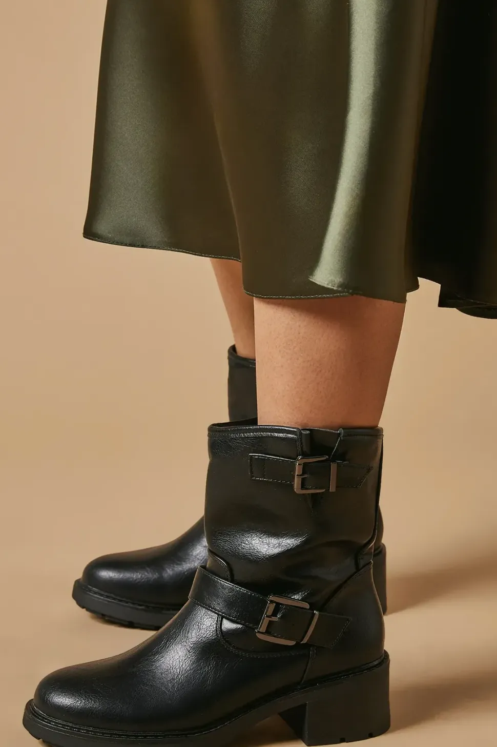 Janessa Faux Leather Double Buckle Chunky Biker Ankle Boot