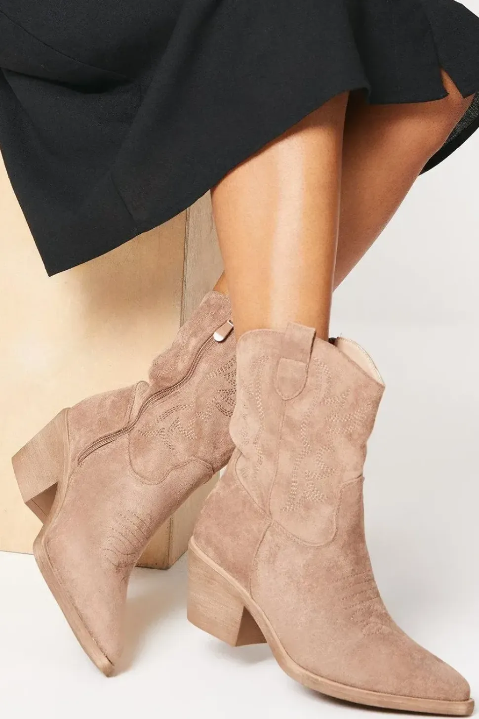 Jemma Stitch Detail Western Cowboy Ankle Boots