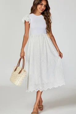 Jersey Broderie Midi Dress In White