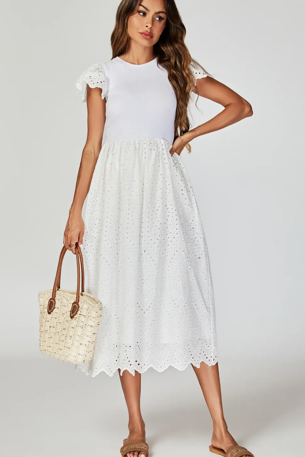 Jersey Broderie Midi Dress In White