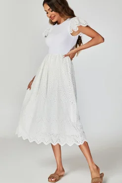 Jersey Broderie Midi Dress In White
