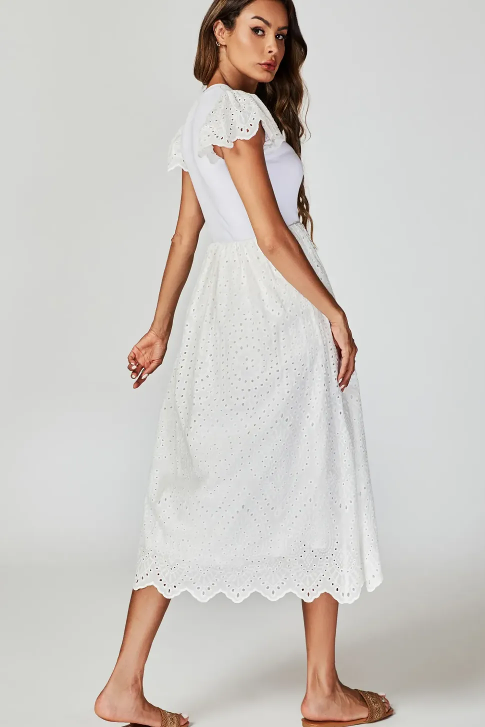 Jersey Broderie Midi Dress In White