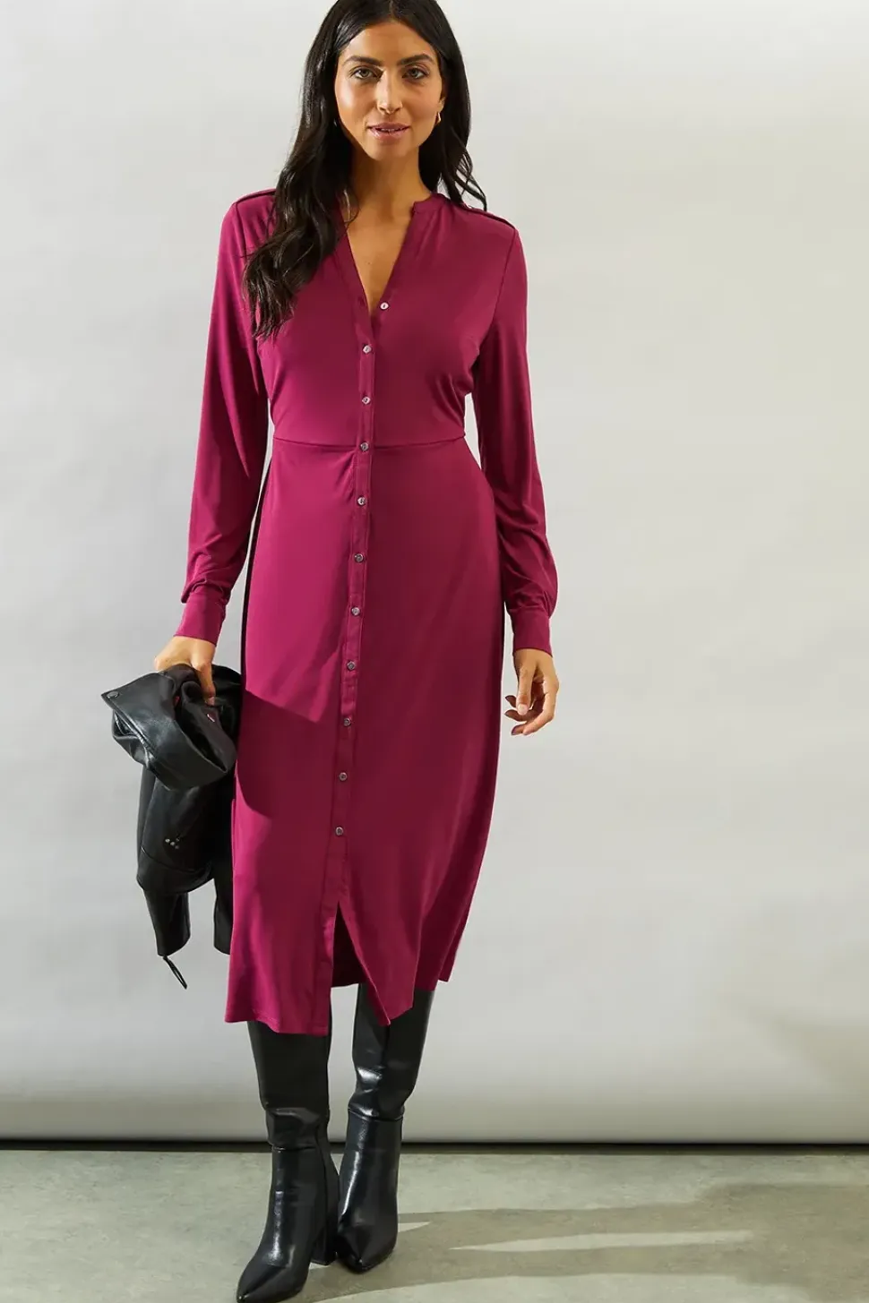 Jersey Collarless Belted Midi Dress