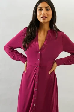 Jersey Collarless Belted Midi Dress